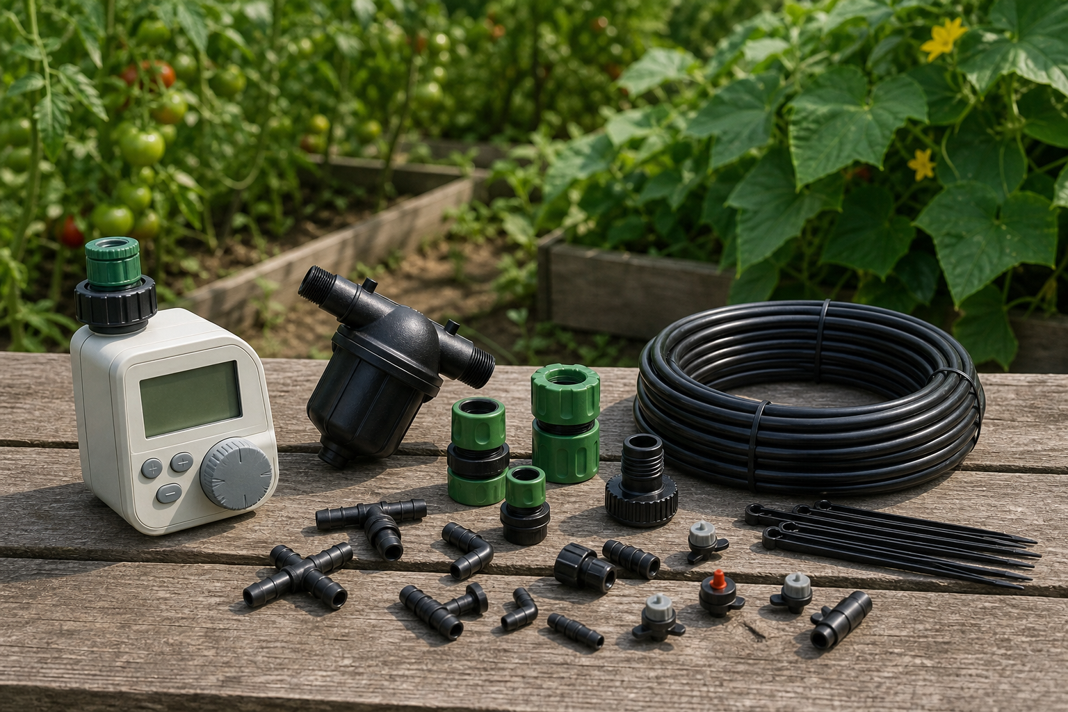 Таймер, фильтр, капельная трубка и фитинги для простой системы автоматического полива